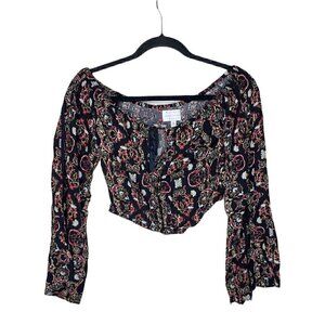 Kendall + Kylie Blouse Size M Long Bell Sleeves Floral Tie Front Crop Top Womens